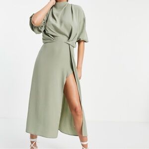 bcbgmaxazria emerald green dress Asos Design ruffle off shoulder midi dress in green based blue floral –  Augusthouseofbrands main image 0